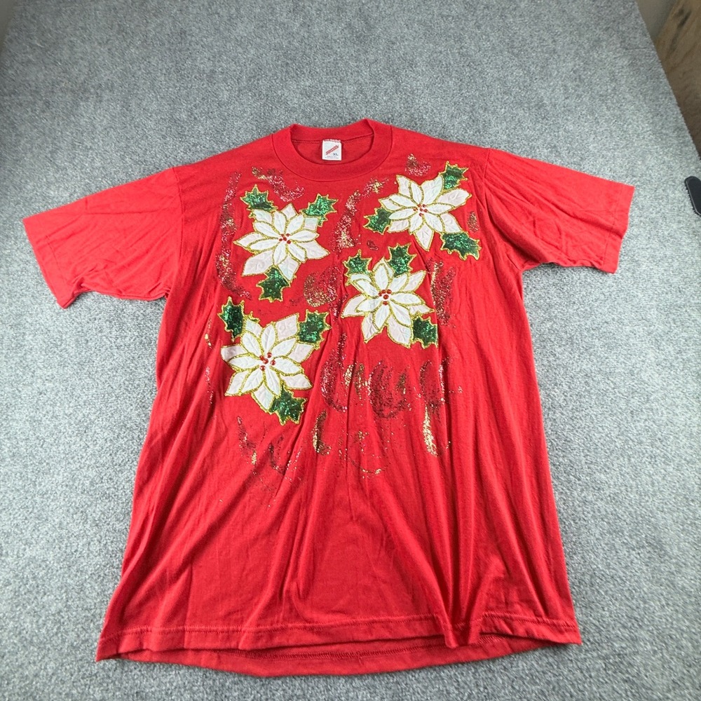 Vintage Jerzees Christmas Poinsettia Glitter T-Shirt Red XL Made in USA 90s